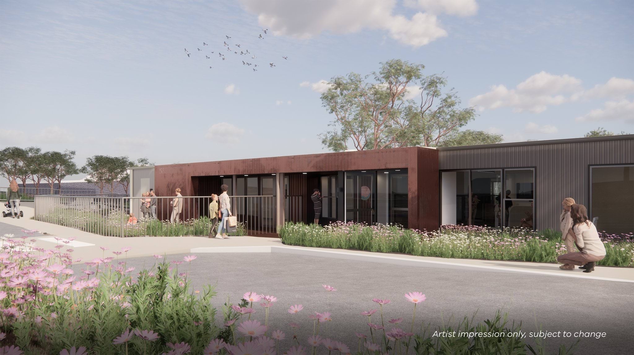 An architectural render showing an external view of the centre. It's a low-set, modern-style building surrounded by gardens and trees.