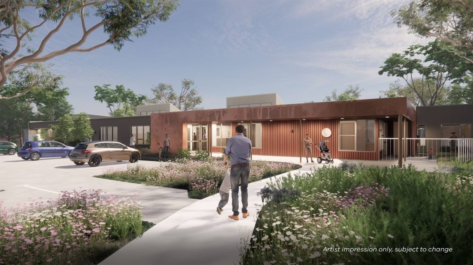 An architectural render showing an external view of the centre. It's a low-set, modern-style building surrounded by gardens and trees.
