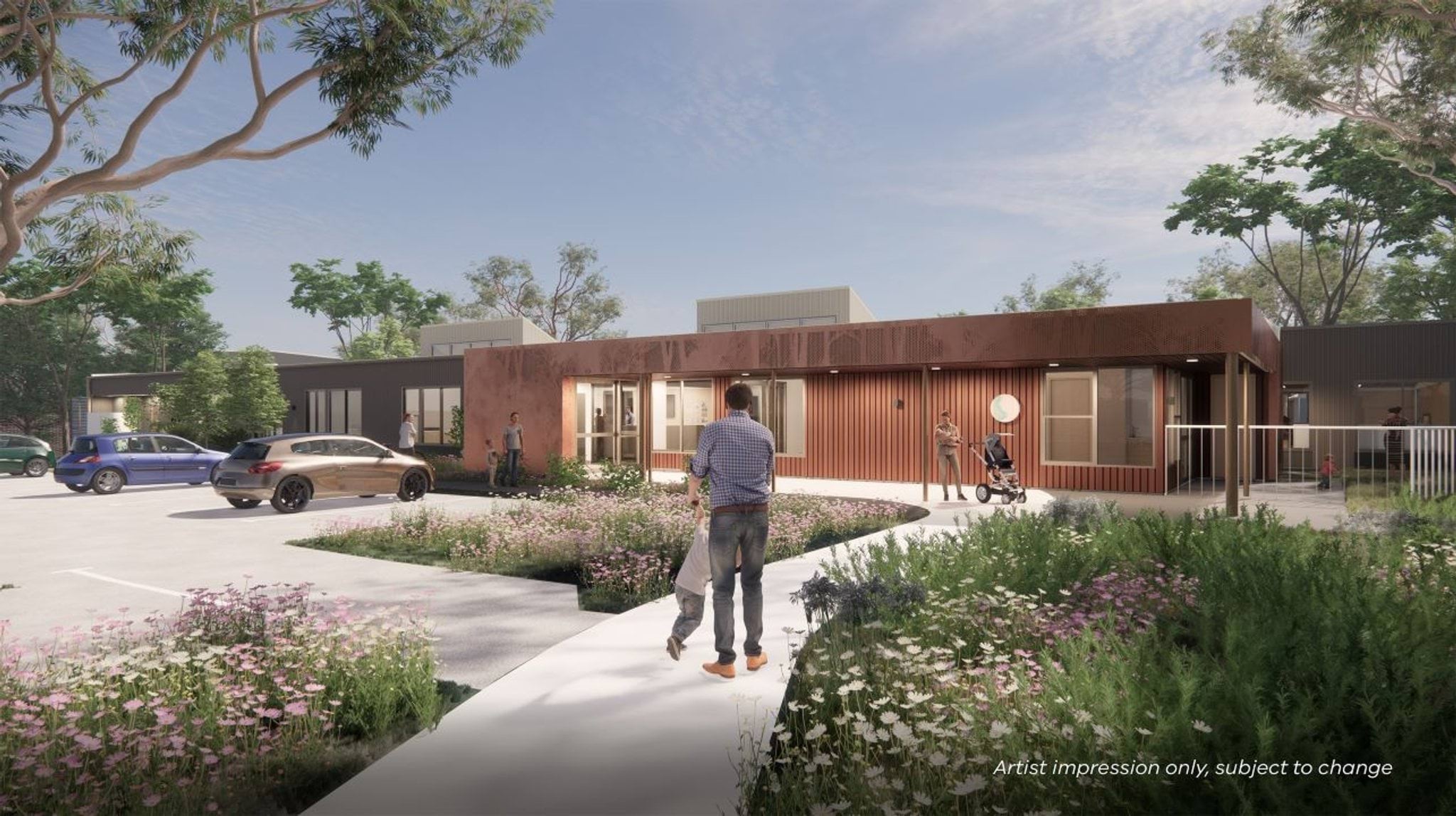 An architectural render showing an external view of the centre. It's a low-set, modern-style building surrounded by gardens and trees.