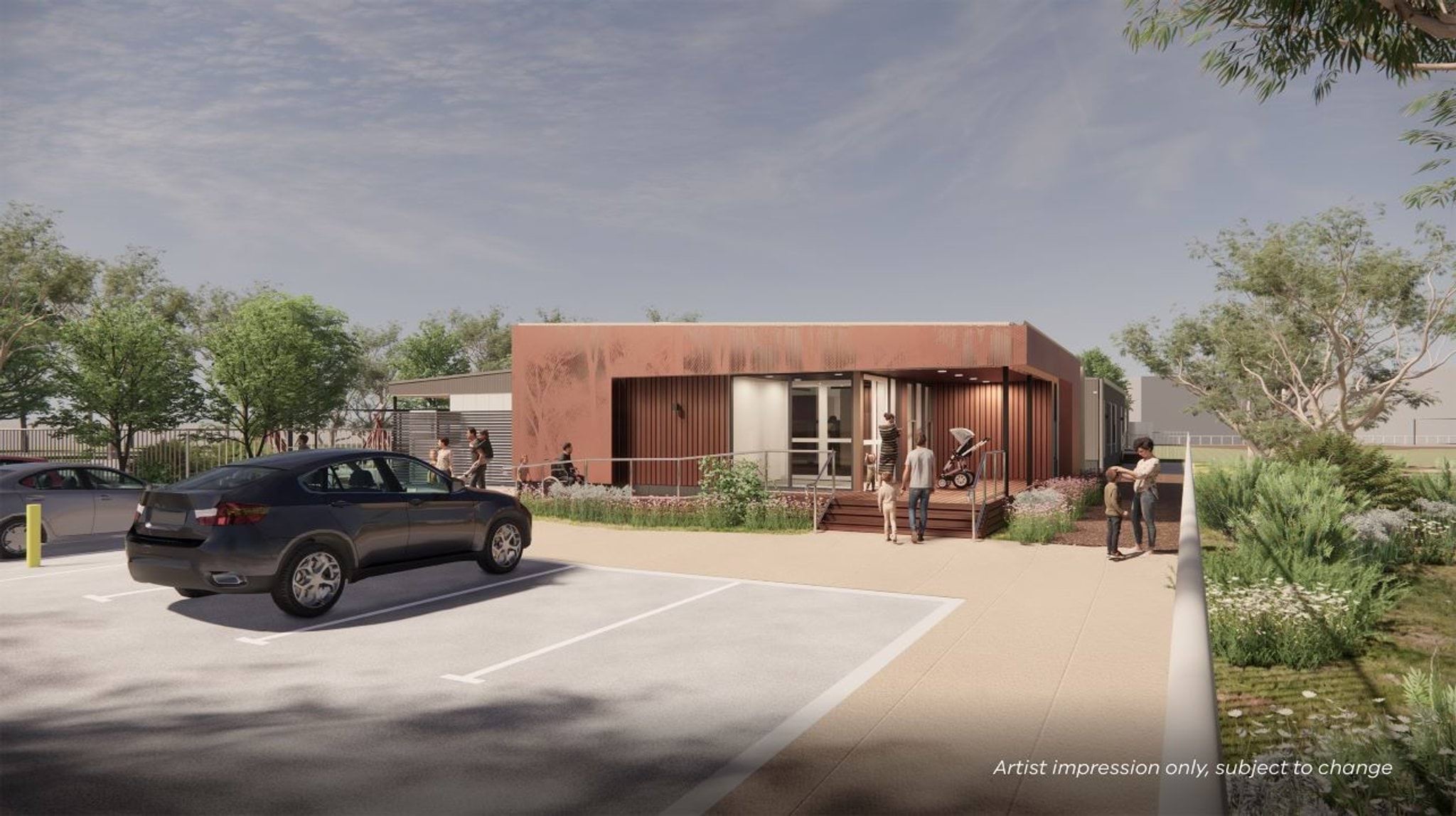  An architectural render showing an external view of the centre. It's a low-set, modern-style building surrounded by gardens and trees.