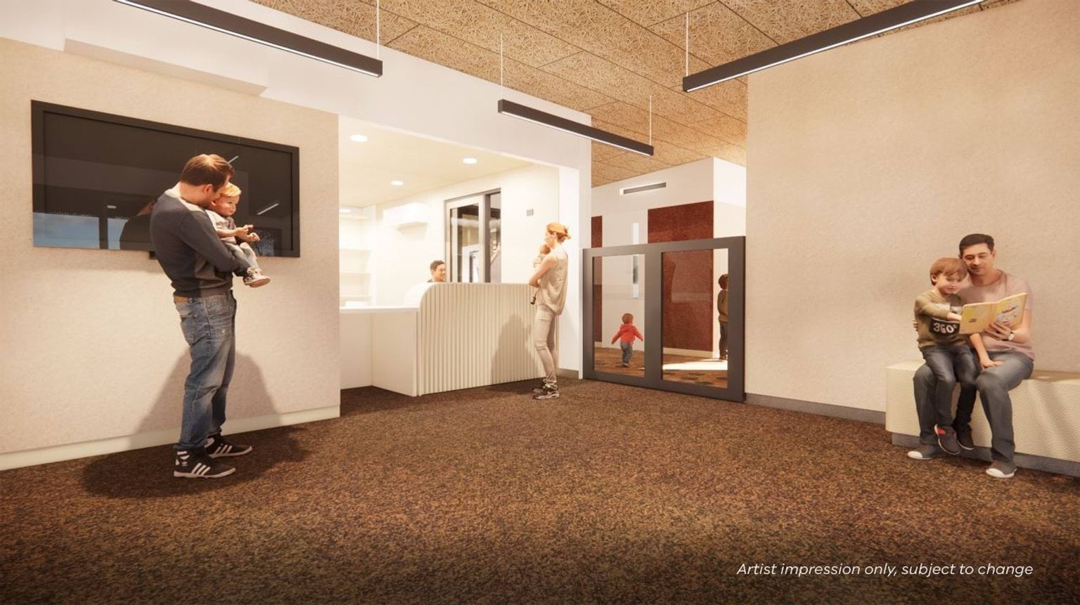 An architectural render showing the reception area of the centre.