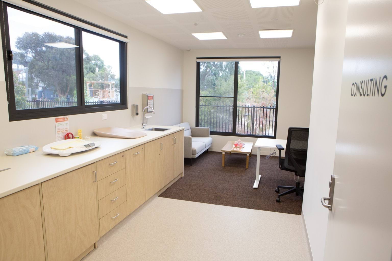 MCH and allied health consulting room at Early Learning Victoria Bani Walup (Murtoa) with desk, chairs and medical equipment.